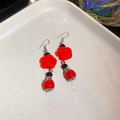 Elegant red resin rose drop earrings with black faceted bead and silver hook - Vintage Red Rose Pearl Drop Style (153#)