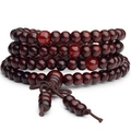 Handmade 8mm sandalwood Buddhist prayer beads wrap bracelet with red accent beads - 108 Beads/Chinese Knot / Reddish Brown
