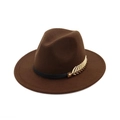 Detail of dark brown wool fedora with a black leather band and large gold feather pin - Adult 58cm / Coffee
