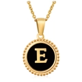 18K gold plated stainless steel necklace with black round pendant and letter E charm - Gold E (With Chain)