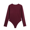 Detailed view of long sleeve burgundy bodysuit with round neck and stretch knit fabric - S / Burgundy