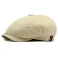 Classic cream beige newsboy cap made of high-density cotton with leather logo tag - M (56-58cm) / Beige