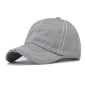 Close-up of vintage grey cotton baseball cap with white contrast stitching and distressed details - Adjustable / Light Gray