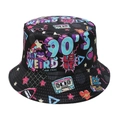 Close-up of vintage 90s graffiti print on black bucket hat with tape and star icons - M (56-58cm) / Black Retro Graffiti (B)