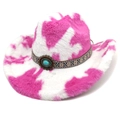 Vue macro d'un chapeau de cowboy en peluche rose vache avec bandeau ethnique turquoise - M (56-58cm) / Couronne Droite Rose Rouge