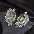 Luxury emerald style silver studs with rectangle green stone and crystal fringe decoration - Rectangular Cluster Style / Light Green
