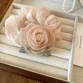 Pastel pink floral hair scrunchie with white pearl center and green mesh leaves - Champagne
