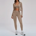 Ensemble de yoga 3 pièces pour femme marron clair avec veste, brassière et legging - S / Veste + Soutien-gorge-2 + Leggings (3 pcs) - Marron Camel