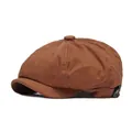 Classic brown herringbone newsboy cap for men and women with leather side buckle detail - Adjustable / Caramel color