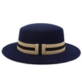 Navy blue wool boater hat with a striped ribbon band in vintage British style - One Size 58cm Circumference / Navy Blue