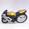 Motorcycle shaped alarm clock in black, gold and silver finish with white dial - Silver Racing Motorcycle Alarm Clock