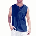 Navy blue sleeveless cotton linen vest for men featuring a lace-up V-neck and front pocket - 4XL / Navy Blue