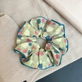 Light green lace scrunchie with blue pink dots and white rabbit patterns on linen cloth - Q546-7 Light Green Rabbit Polka Dot