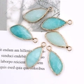 Faceted light blue teardrop gemstone pendant with gold metal border for DIY jewelry - Amazonite