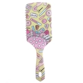 Large cushion hairbrush featuring colorful pink and yellow makeup pattern print on back - Makeup Tools - Yellow Base