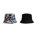 Detail view of camouflage and classic black sun protection cotton bucket hats - Lake Blue Camo