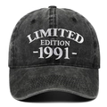 Detail view of the washed black cotton fabric and white 1991 embroidery on baseball cap - 1991
