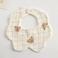Checkered cotton baby bib with cute bear print and snap button closure for infants - Gauze Flower Scarf - Checkered Bear