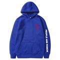Navy blue hoodie with rose print and People are Poison sleeve text on white background - Blue 344