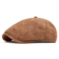 Classic warm brown suede newsboy cap featuring a six-panel stitch and curved brim - Adjustable / Khaki