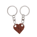 Brown heart-shaped building block couple keychain set in dark brown and silver finish - Coffee