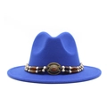 Detail of royal blue fedora hat featuring a bohemian beaded band with a red gemstone center - Blue