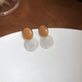Retro geometric drop earrings with caramel oval stud and marbled white resin pendant - 55# Silver Earring Post - Brown Oval (Eco-friendly)