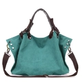 Dark green canvas tote bag with brown leather handles and adjustable shoulder strap - Teal