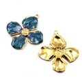 Gold and teal flower charms for DIY jewelry making with polished enamel finish - Flower No.8 / 39x42mm / Blue