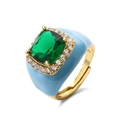 Detail of gold-plated brass ring with emerald zircon and light blue enamel coating - Adjustable Open / Blue Gold Plated Green Stone