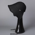 Detail of black knit bucket hat with silver metal logo tag and woven chin straps - M(56-58cm) / Black