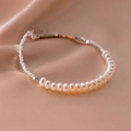 Minimalistische S925 Silberkette mit unregelmäßigen Perlen auf Champagner-Seide - S925 Silber Naturperle Zerstoßenes Silber Armband / 925er Silber