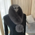 Dark grey faux fur scarf collar with large pom-pom detail for winter fashion - Dark Gray