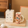 Ceramic puppy mug with orange checkerboard pattern and matching premium gift box - Good Night Dachshund