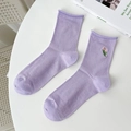 Light purple mid-calf cotton socks featuring a delicate tulip flower embroidery - One Size / Milky Purple