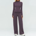 Women's 3-piece yoga set with zip-up long sleeve jacket and wide leg pants in dark purple - S / Top And Bottom / Eggplant Purple