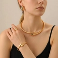 Minimalist geometric spring choker jewelry set in polished gold finish for women - Ring + Bangle + Choker + Earrings (28) / Four-Piece Set / KC Gold