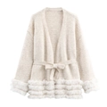 Cardigan en maille crème avec ceinture et bordure en fausse fourrure aux manches - S / Blanc
