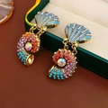 Vintage shell earrings in gold with blue enamel and colorful rhinestones in a jewelry box - Silver Needle-Colorful (Shell Conch Earrings)