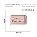 Detail of pink enamel brooch featuring Ticket to Happiness text and alloy texture - CC146 (Pink Happiness Ticket)