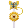 Yellow butterfly and daisy silicone straw topper for 8mm cups on white background - Yellow Butterfly Daisy