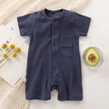 Short sleeve ribbed cotton baby romper in dark blue with front buttons and pocket - 66CM / Navy Blue