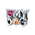 S925 silver I Love My Dog charm with heart-shaped pink stone and orange paw print - I Love My Dog Charm 0298
