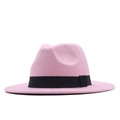 Detail showing the pink wool felt fedora with a black decorative band on white background - M (56-58cm) / Pink