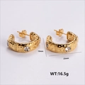 Golden chunky C-shaped hoop earrings with vintage texture and sparkling crystals - Thick C-Shaped Dot Texture Style (AMLEH202)