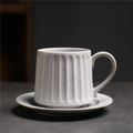 Vintage Japanese white ceramic coffee cup and saucer set with vertical striped texture - 246-b Colorful Striped Mug + Saucer (gray) 320ml / Universal
