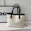 Borsa tote minimalista in tela crema con rifiniture in pelle nera e motivo a foglie - Borsa Singola / Bianco Sporco