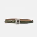 Slim vegetable green leather belt for women featuring a sparkling crystal square buckle - Veggie Green