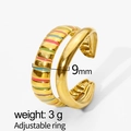 9mm 18K gold plated adjustable stainless steel ring with colorful enamel stripes - 9mm Width/Adjustable Open / Gold/Multicolor Stripe