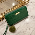 Green crocodile pattern long wallet with gold metal bar and green pompom charm - Green